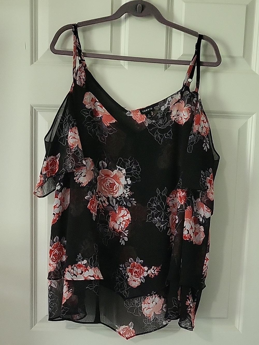 Torrid Floral Cold Shoulder Blouse Size 3 3X Black Pink Sheer Chiffon Top